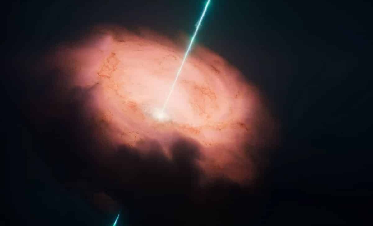 Artist's depiction of a black hole, its swirling accretion disk, bright corona, and jets