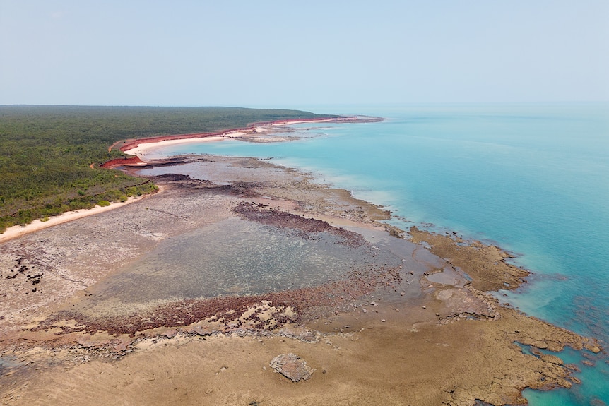 Aerial view of aqua blue water lapping against rocks with green shrubs in the distance.