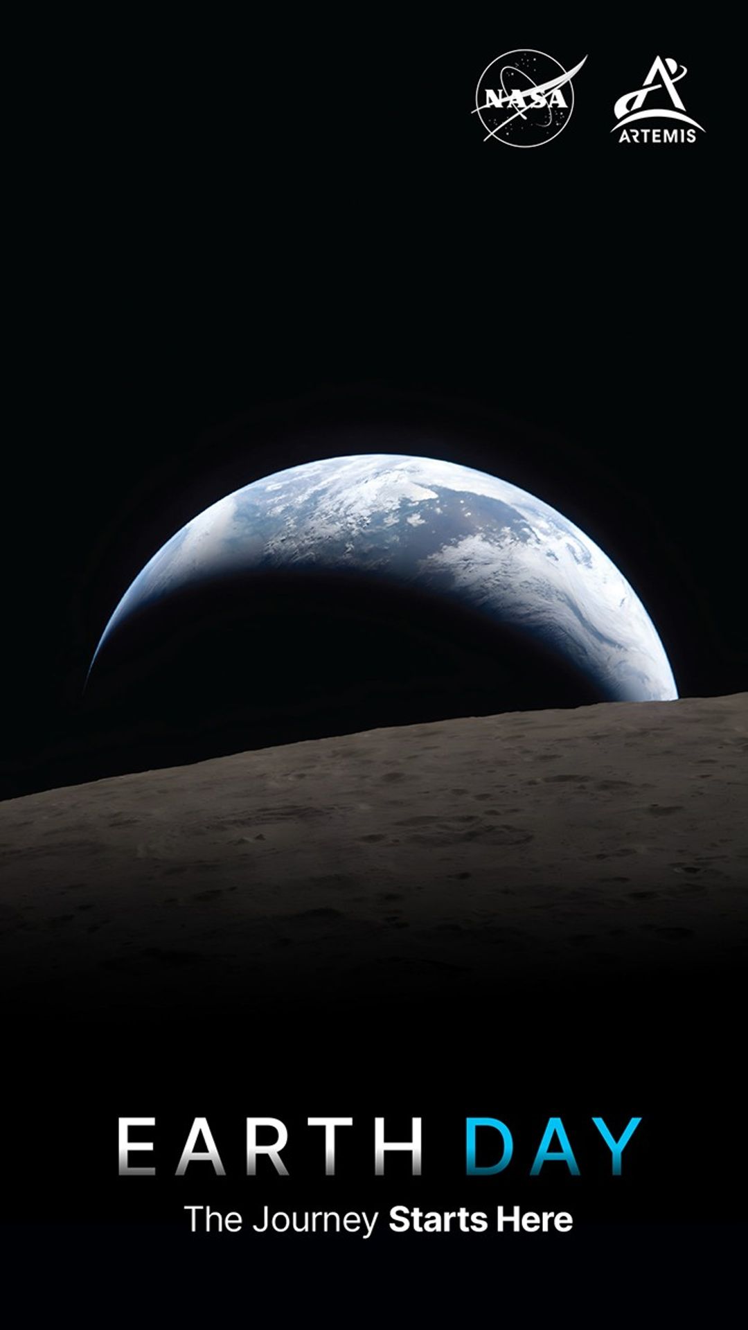 A view of the Earth rising above the gray cratered lunar surface. Earth's blue oceans and swirling white clouds are illuminated by the darkness of space. The top of the graphic features the NASA and Artemis program logos, and the text at the bottom reads, 