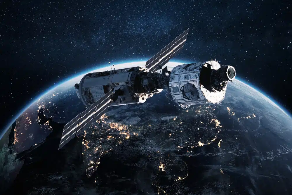 satellite, orbiting, earth, night, glowing, city, lights, below.