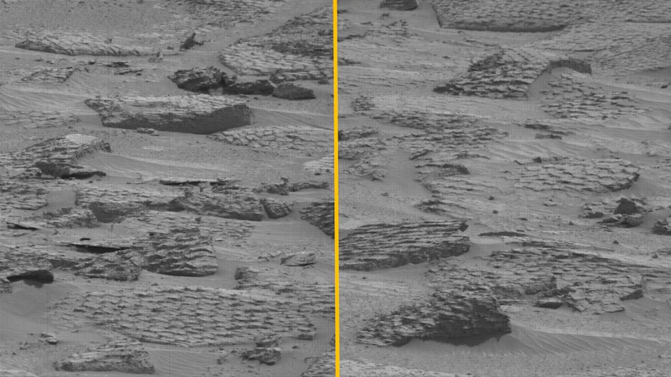 Black and white photo of polygon-covered rocks on Mars that look like giant reptilian scales
