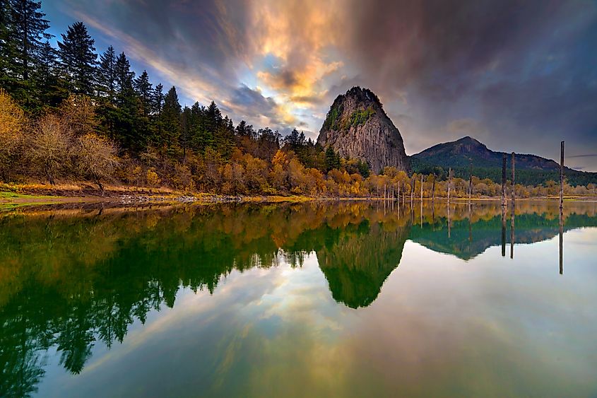 Beacon Rock along the Columbia River Gorge at dusk.
