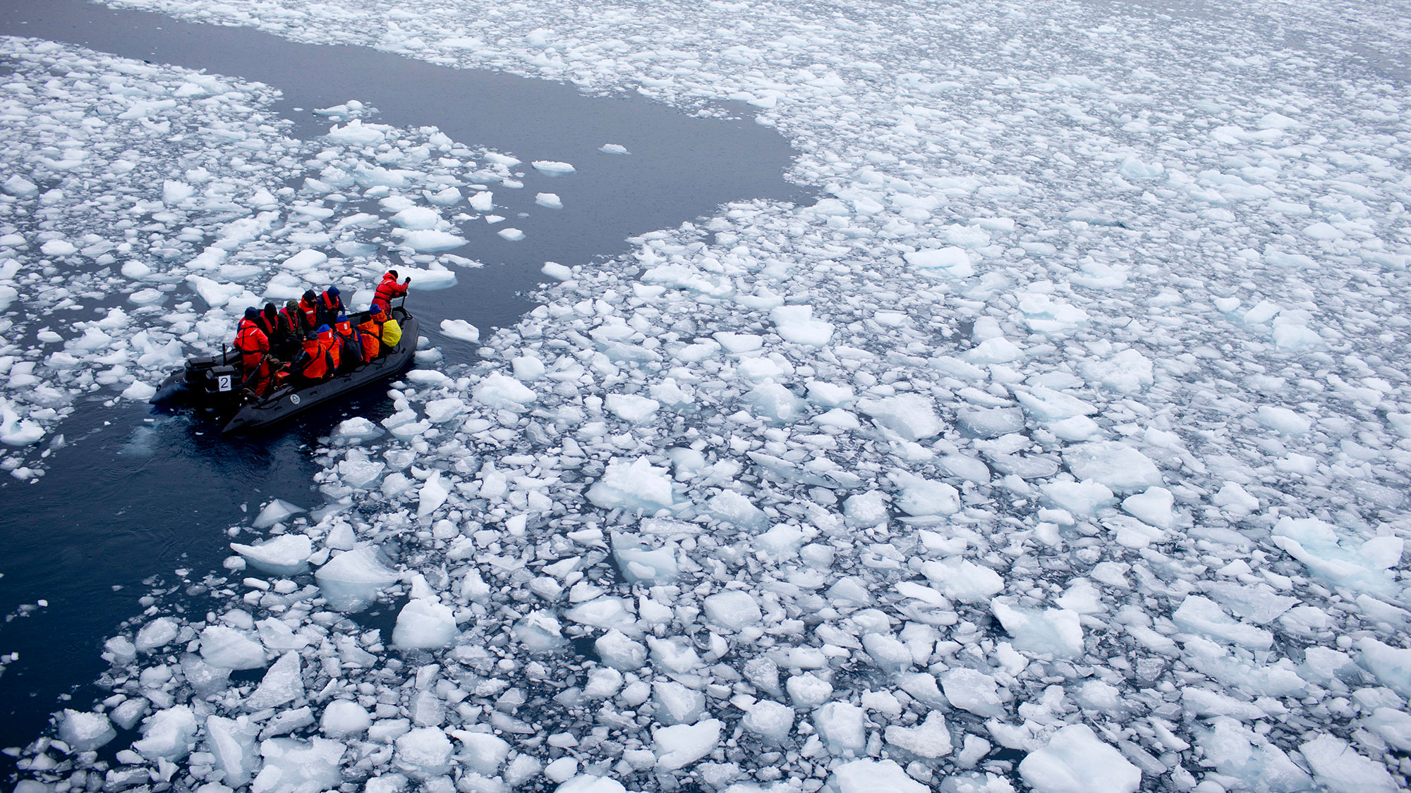 A researcher's ship floating in the ice-covered waters of Antarctica