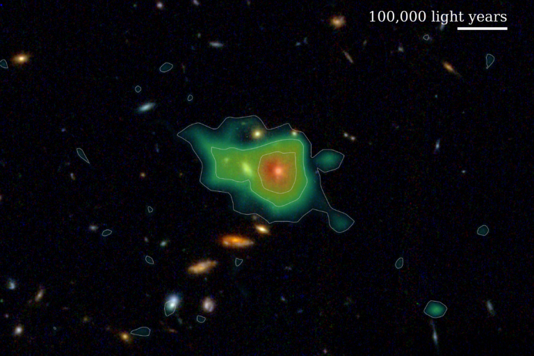 A giant halo of hydrogen gas found in the HETDEX data is superimposed at that location, as seen in the JWST deep images. Credit: Erin Mentuch Cooper (HETDEX). NASA/ESA/CSA/STScI (JWST).