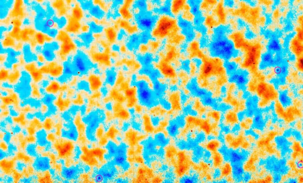 Map of space microwave background. The circles indicate spots where ionized hydrogen scattered radiation.