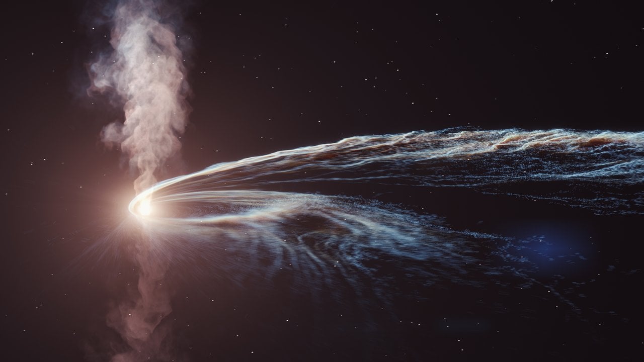 An artist's depiction of a supermassive black hole tearing apart a star, sending roughly half of the star's fragments into space, with the remainder forming a glowing accretion disk around the black hole. (Credit: DESY, Science Communication Lab)