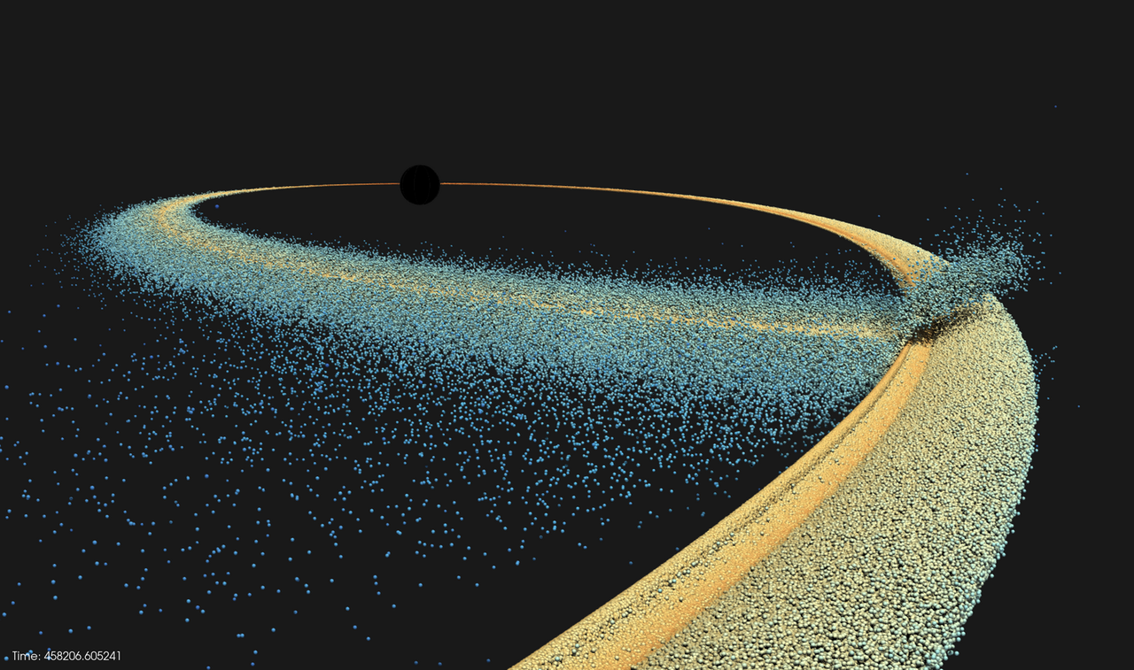 A three-dimensional rendering of modeled debris flow particles highlighting the self-intersection of debris flow flows as described by a team of researchers including Syracuse physics professor Eric Coughlin. (Credit: Jean Favre, CSCS, Lucio Mayer and Noah Kubli, University of Zurich)
