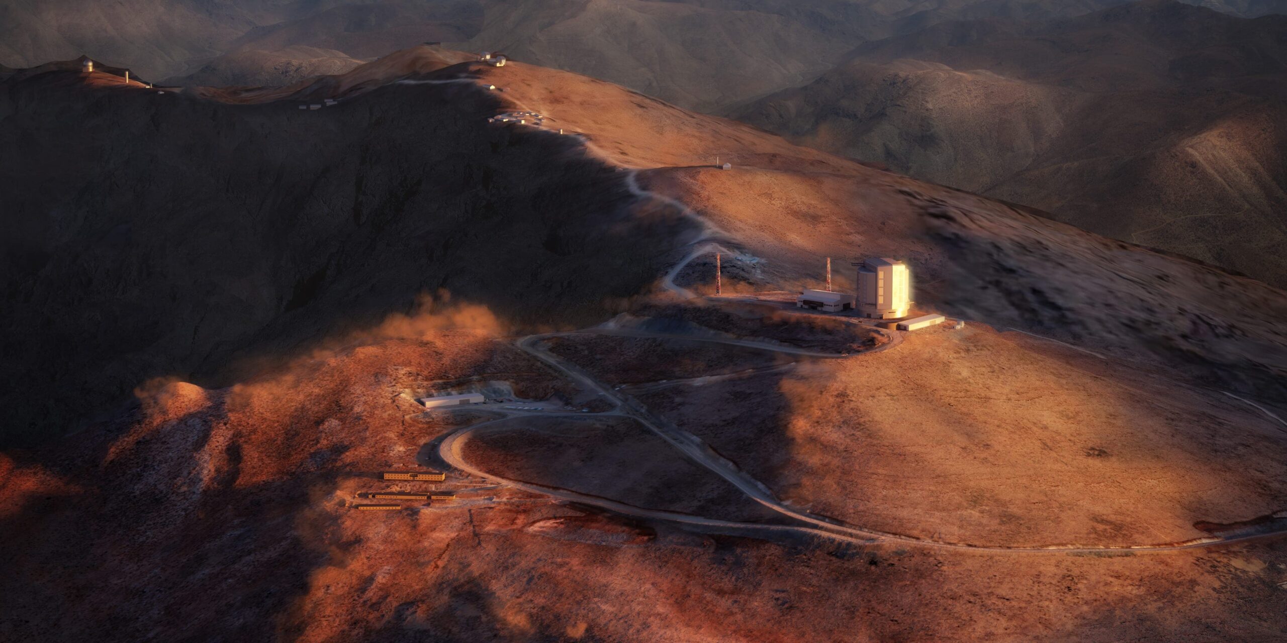 A rendering of a structure atop a beautiful brown mountain range.