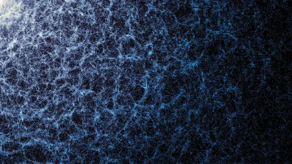 A small portion of the DESI map reveals the large-scale structure of the universe. Arrangement of bluish-white vector-like dots on a dark background.