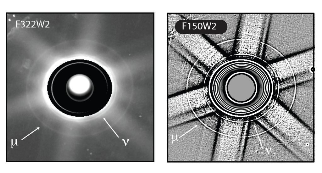 Two grayscale images tiled showing a ring around a bright sphere on a grainy monochrome background