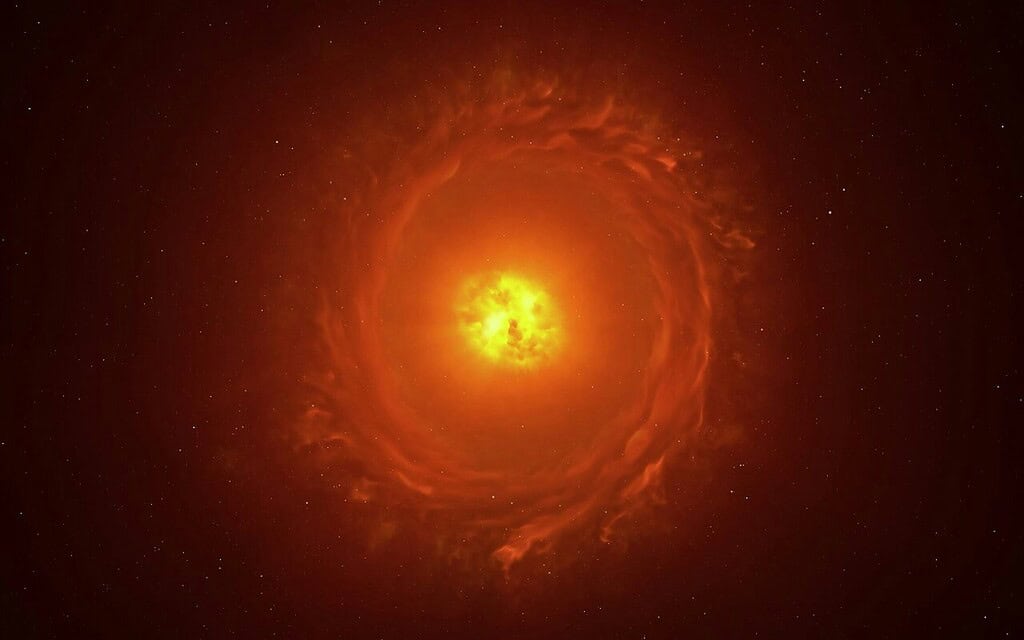 Bright solar nucleus with fiery plasma and solar flares in space.