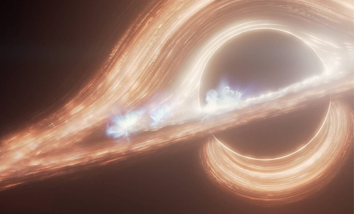 This artist's concept depicts a supermassive black hole at the center of the Milky Way galaxy, known as Sagittarius A. Surrounded by a swirling accretion disk of hot gas