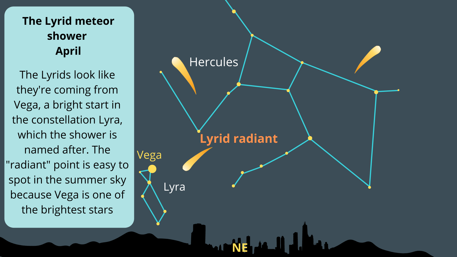 A diagram showing the radiant light of the constellation Lyra and the meteors that appear to originate from it.
