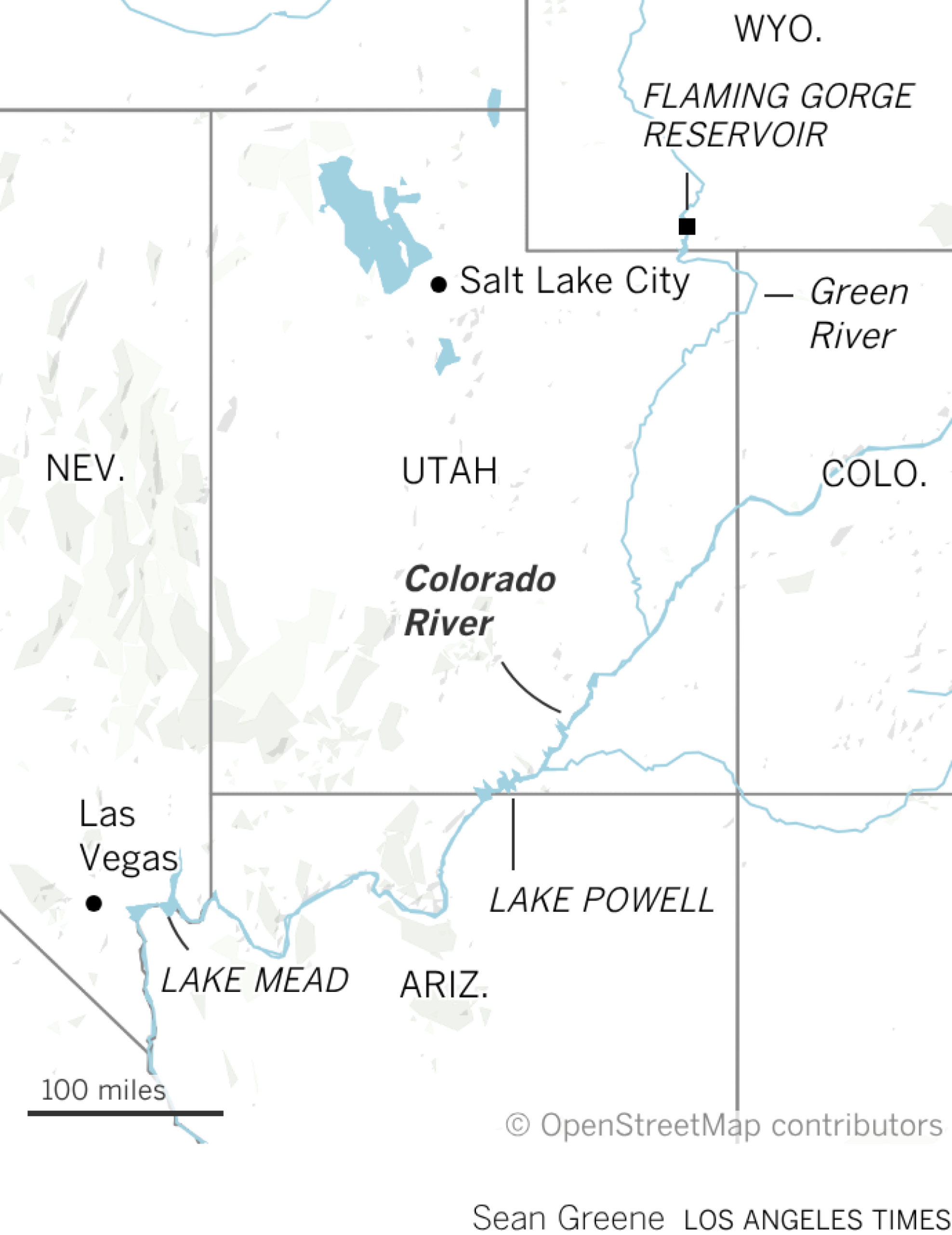 Map of key locations along the Colorado River: Flaming Gorge Reservoir in Wyoming, Lake Powell in southern Utah, and Lake Mead near Las Vegas.