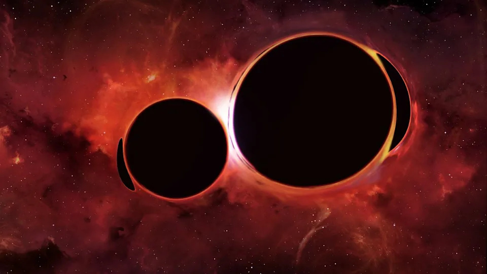 Two large dark holes appear close together against a glowing red cosmic background.