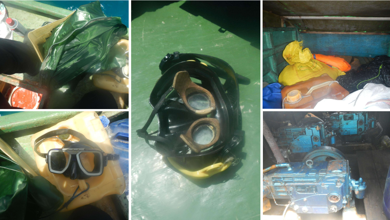A composite of multiple images showing seafood, salt, and fishing gear. 